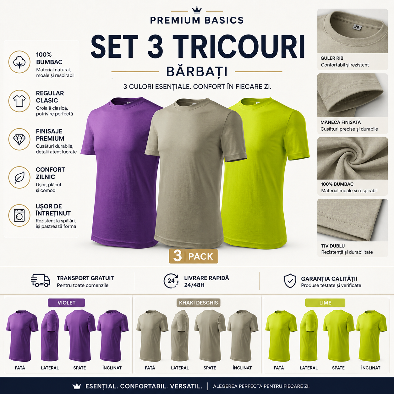 Set 3 tricouri casual bărbați 100% bumbac violet khaki deschis și lime S-3XL